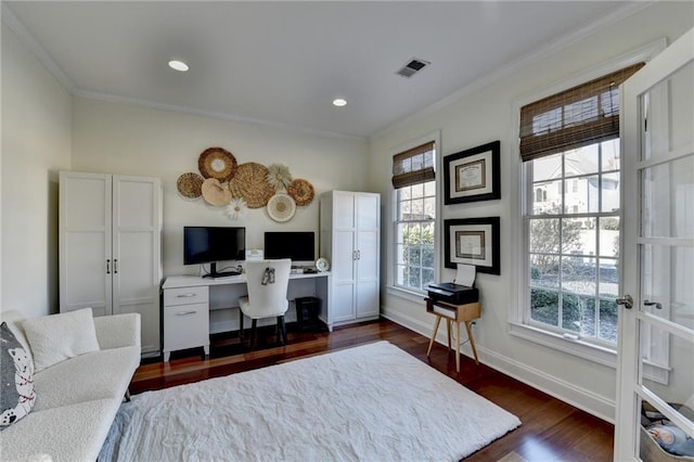 office area with dark hardwood / wood-style flooring and crown molding