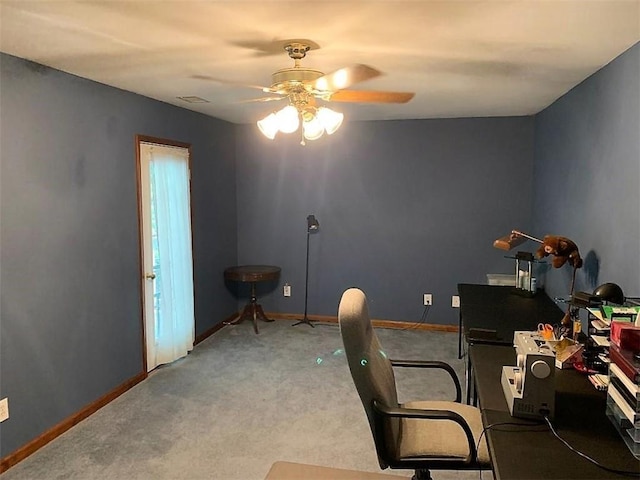 office area featuring carpet and ceiling fan