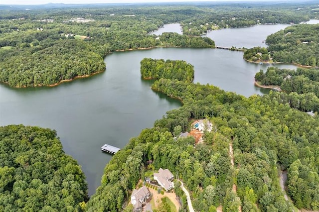 birds eye view of property with a water view and a forest view