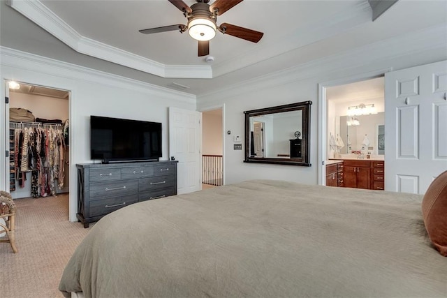 carpeted bedroom with a ceiling fan, a closet, a tray ceiling, a walk in closet, and crown molding