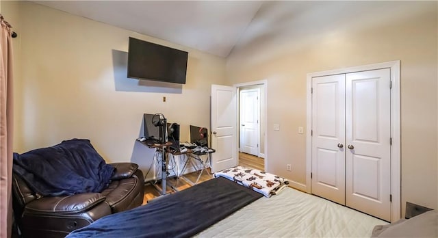 bedroom featuring lofted ceiling, a closet, and baseboards