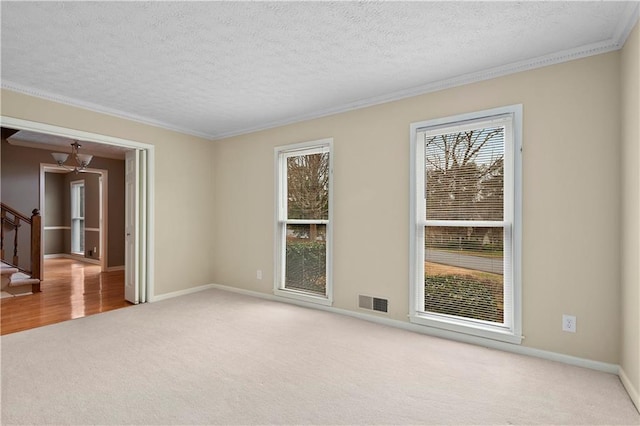 carpeted spare room featuring crown molding and a textured ceiling