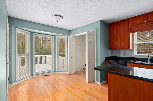 kitchen with sink, light hardwood / wood-style flooring, dishwasher, dark stone countertops, and backsplash