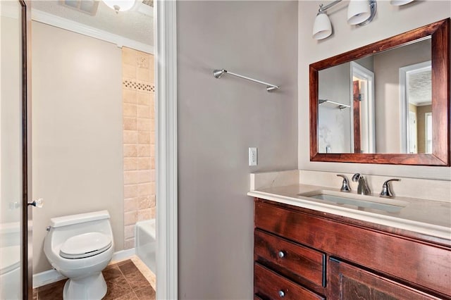 full bathroom featuring shower / bathtub combination, tile patterned flooring, vanity, toilet, and a textured ceiling