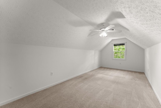 additional living space with light colored carpet, a textured ceiling, baseboards, and vaulted ceiling