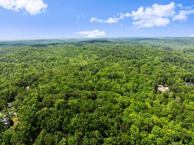 drone / aerial view featuring a wooded view