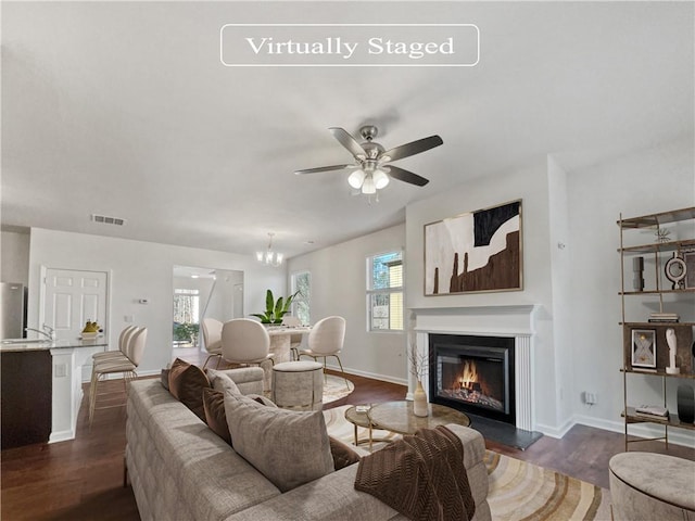 living room with ceiling fan with notable chandelier, a wealth of natural light, and dark hardwood / wood-style floors