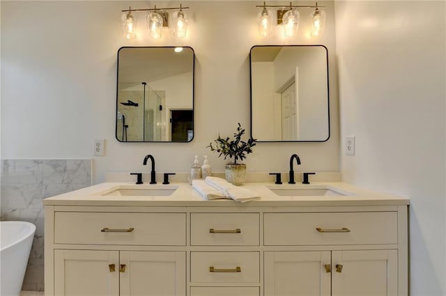 bathroom with vanity, separate shower and tub, and tile walls