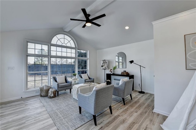 living room with beam ceiling, high vaulted ceiling, ceiling fan, and light wood-type flooring