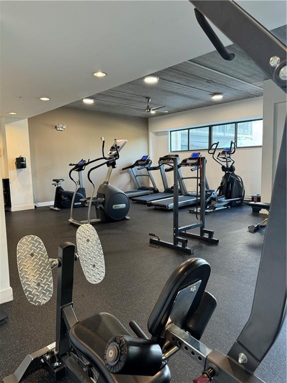 workout area with ceiling fan