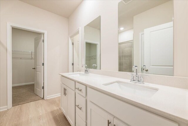 bathroom with vanity and hardwood / wood-style flooring