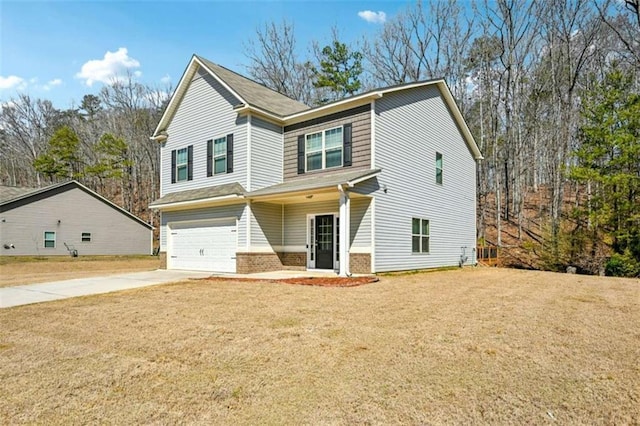 craftsman-style home featuring brick siding, an attached garage, concrete driveway, and a front yard