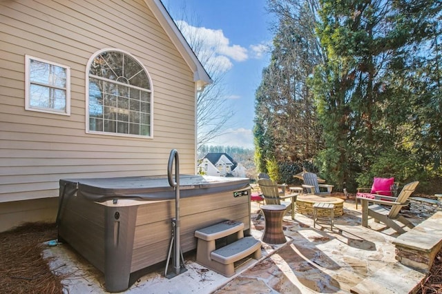 view of patio featuring a hot tub