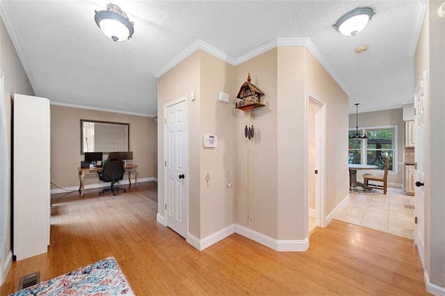 404 Pine Grove Way, Woodstock, GA 30189 - hall with light wood-type flooring, an office area, baseboards, a textured ceiling, and ornamental molding