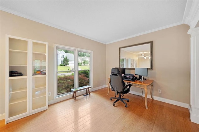 404 Pine Grove Way, Woodstock, GA 30189 - office space featuring ornamental molding, wood finished floors, baseboards, and ornate columns