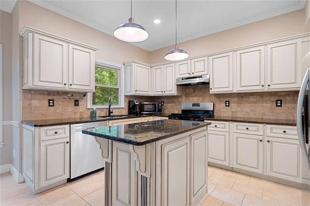 404 Pine Grove Way, Woodstock, GA 30189 - kitchen featuring stainless steel dishwasher, gas range, under cabinet range hood, black microwave, and a sink