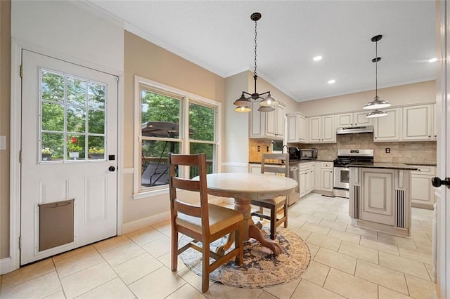 404 Pine Grove Way, Woodstock, GA 30189 - dining room with crown molding, light tile patterned floors, recessed lighting, baseboards, and a chandelier