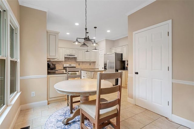 404 Pine Grove Way, Woodstock, GA 30189 - dining room featuring light tile patterned floors, crown molding, recessed lighting, and baseboards