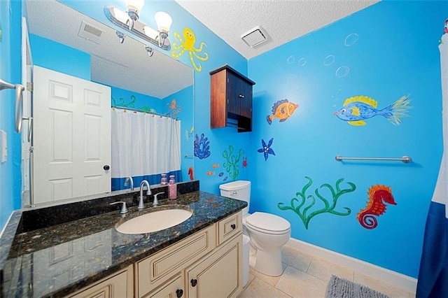 404 Pine Grove Way, Woodstock, GA 30189 - full bathroom with toilet, vanity, a textured ceiling, tile patterned flooring, and curtained shower