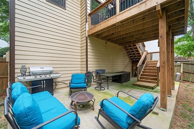404 Pine Grove Way, Woodstock, GA 30189 - view of patio / terrace with stairway, area for grilling, a deck, and an outdoor living space with a fire pit