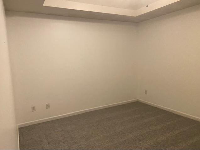 carpeted spare room with a tray ceiling