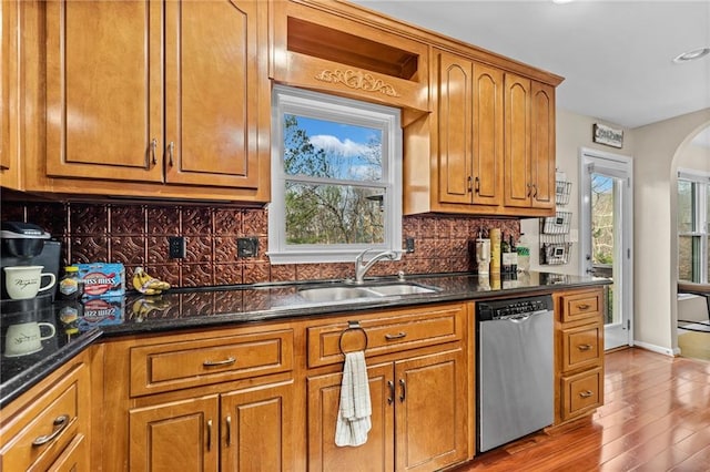 kitchen with dark stone countertops, sink, stainless steel dishwasher, and backsplash