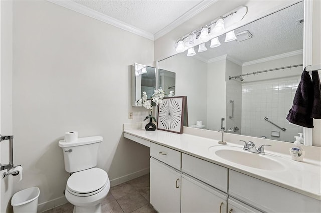 302 Ridley Howard Ct Unit 302, Decatur, GA 30030 - full bathroom with vanity, a textured ceiling, a shower, tile patterned flooring, and ornamental molding