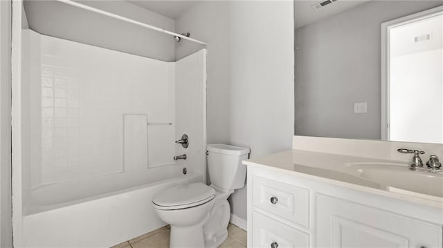 full bathroom with tile patterned flooring, toilet, vanity, visible vents, and shower / washtub combination