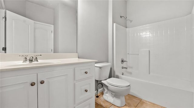 bathroom featuring tile patterned flooring, shower / bathing tub combination, vanity, and toilet