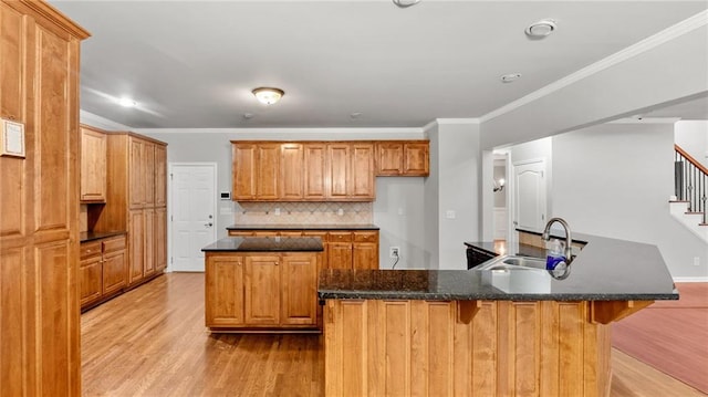 kitchen with tasteful backsplash, a large island, ornamental molding, light wood-style floors, and a sink