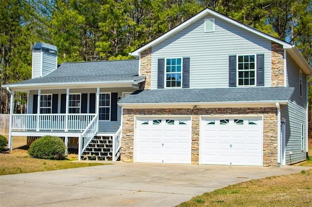 tri-level home featuring stone siding, a porch, concrete driveway, a garage, and a chimney