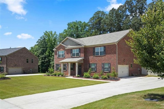 view of front facade featuring a garage, brick siding, driveway, and a front lawn