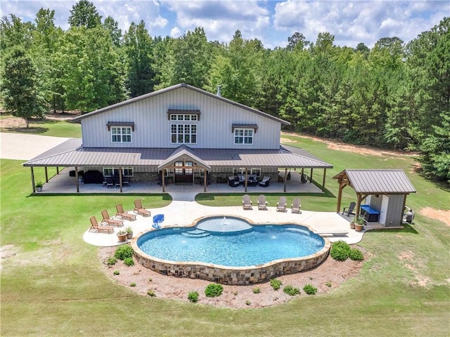 pool with a gazebo, a lawn, and a patio