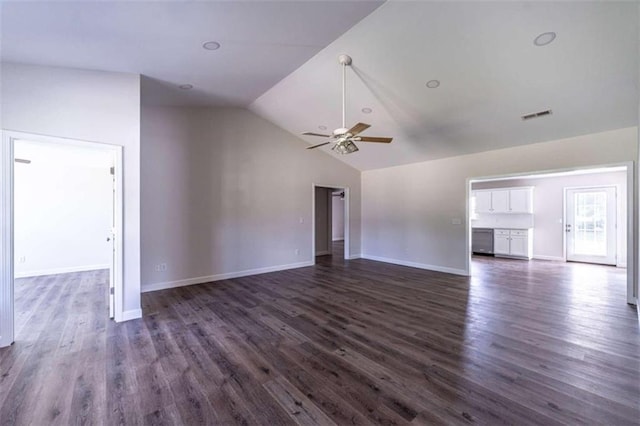 unfurnished living room with ceiling fan, dark wood-type flooring, and high vaulted ceiling