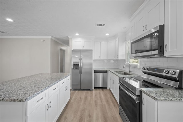 kitchen with visible vents, a sink, appliances with stainless steel finishes, white cabinetry, and light wood-type flooring