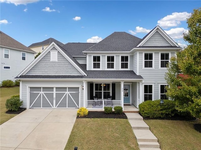 view of front of property with covered porch, a front lawn, and a garage