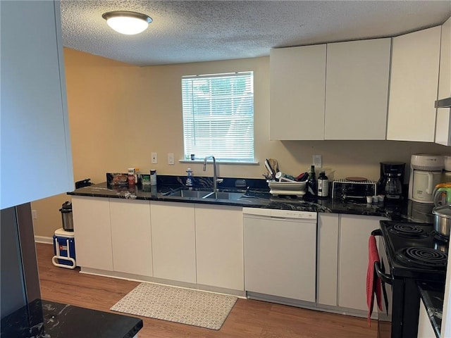 kitchen featuring white dishwasher, a sink, black / electric stove, light wood-style floors, and a textured ceiling