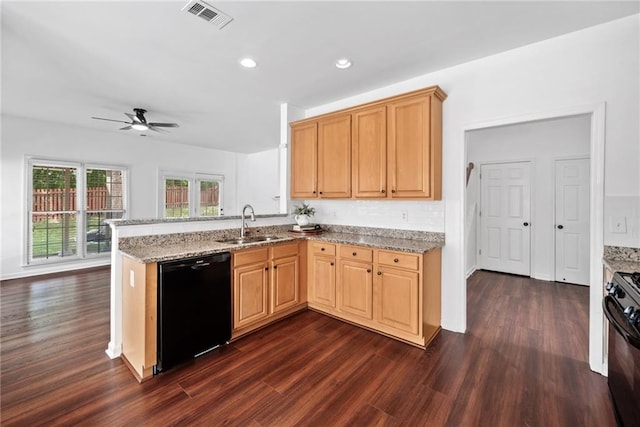 kitchen featuring black appliances, a sink, dark wood finished floors, ceiling fan, and recessed lighting