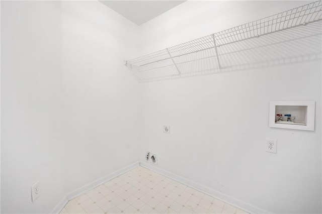 washroom with hookup for an electric dryer, hookup for a washing machine, baseboards, and light flooring