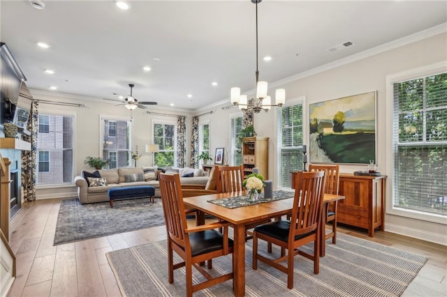 408 Townly Ct, Alpharetta, GA 30009 - dining room with a chandelier, crown molding, light wood-style floors, recessed lighting, and ceiling fan
