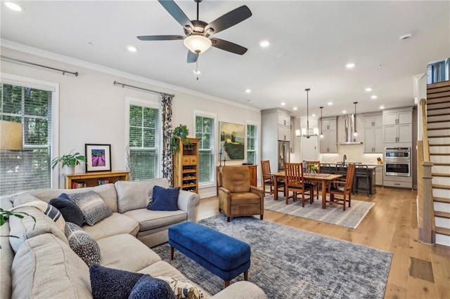 408 Townly Ct, Alpharetta, GA 30009 - living area featuring ornamental molding, ceiling fan, light wood-type flooring, and recessed lighting