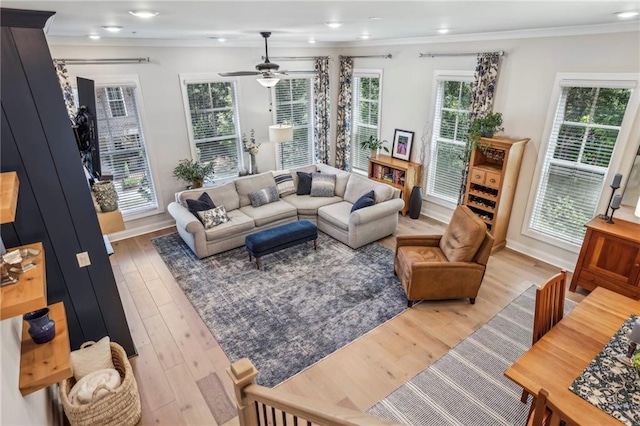 408 Townly Ct, Alpharetta, GA 30009 - living area with crown molding, light wood-style floors, ceiling fan, recessed lighting, and baseboards