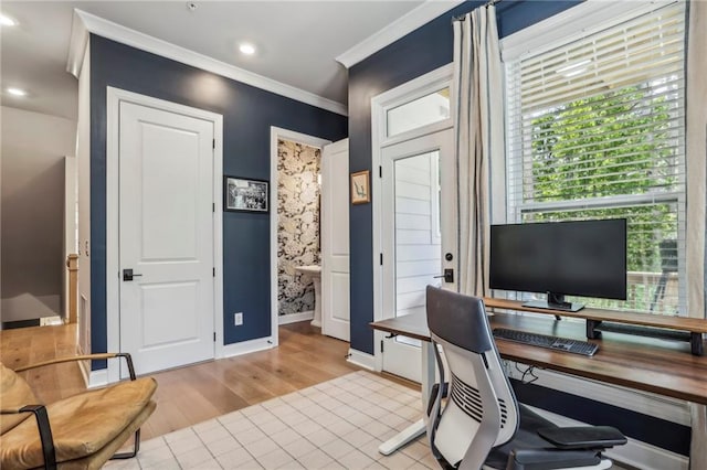 408 Townly Ct, Alpharetta, GA 30009 - home office featuring light wood-type flooring, crown molding, baseboards, and recessed lighting