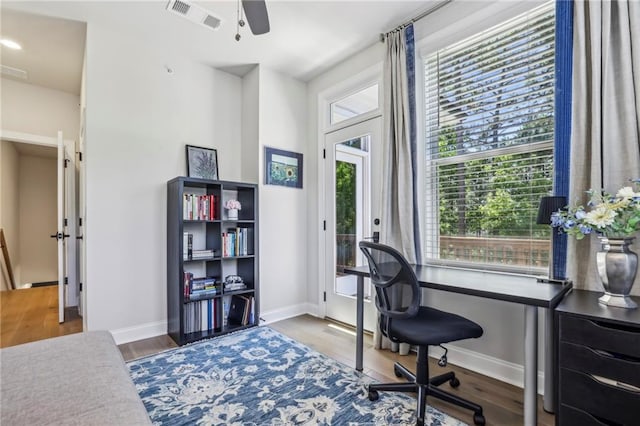 408 Townly Ct, Alpharetta, GA 30009 - home office with plenty of natural light, a ceiling fan, wood finished floors, and baseboards