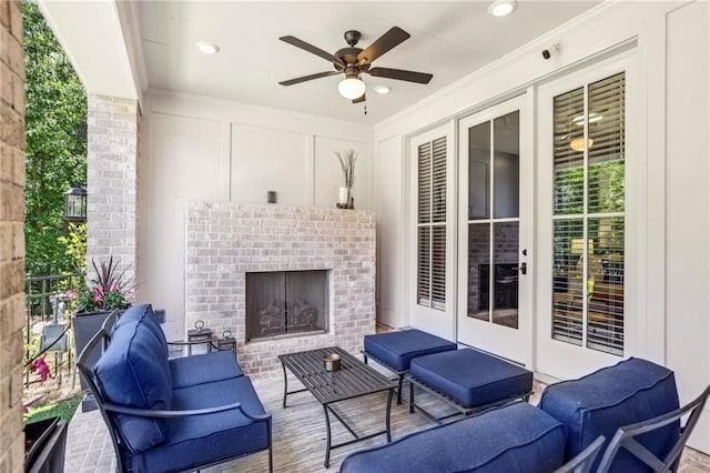 408 Townly Ct, Alpharetta, GA 30009 - view of patio featuring an outdoor living space with a fireplace, a ceiling fan, and french doors