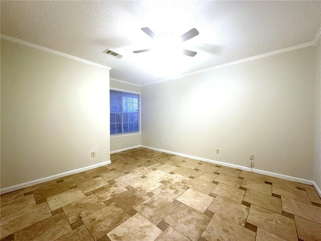 empty room featuring ornamental molding, visible vents, a textured ceiling, and baseboards