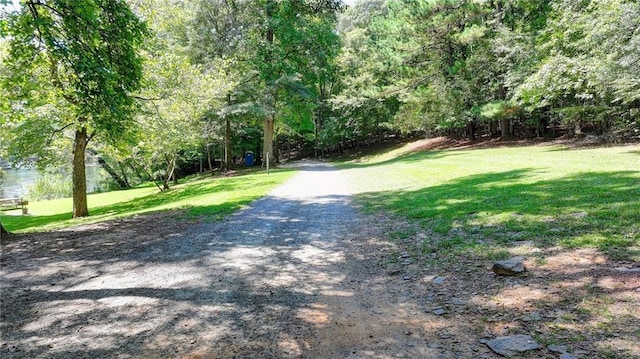 view of street featuring a forest view