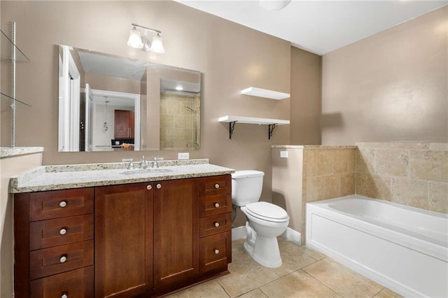 full bathroom featuring toilet, a bath, tile patterned flooring, tiled shower, and vanity