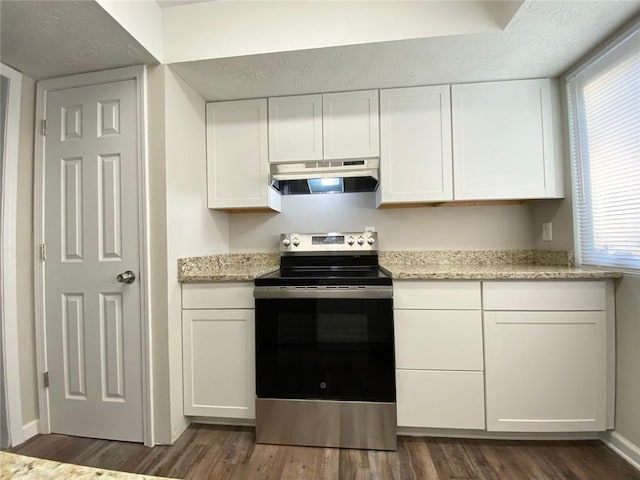 kitchen featuring white cabinets, light stone counters, electric range, and dark hardwood / wood-style flooring