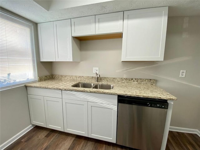 kitchen featuring white cabinets, dark wood-type flooring, sink, and dishwasher